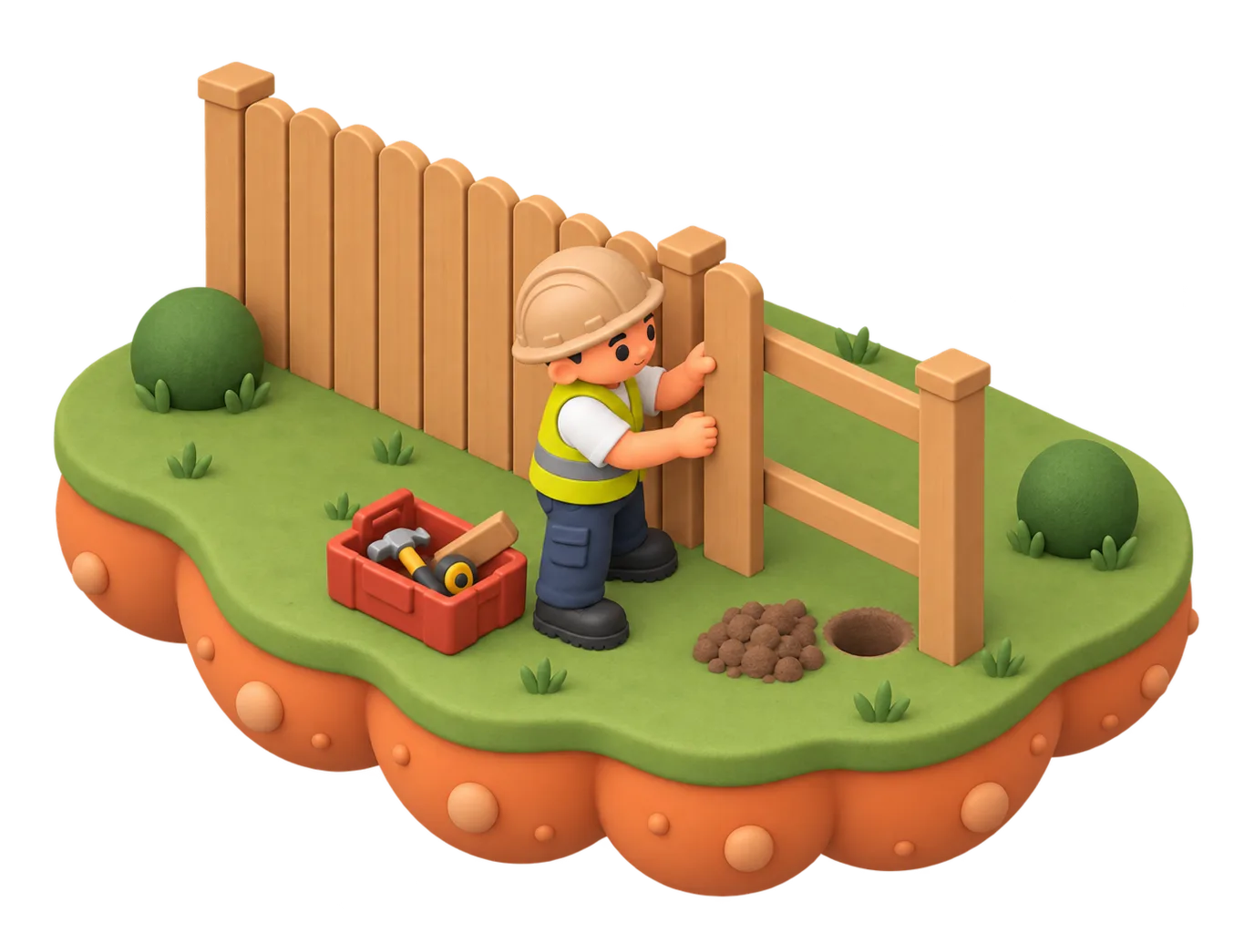 An isometric clay-style diorama of a fencing contractor installing a colorbond dividing fence along a suburban boundary line, post-hole digger and stacked fence panels on one side, with a letterbox on the neighbouring side standing in for the notice that has to reach it