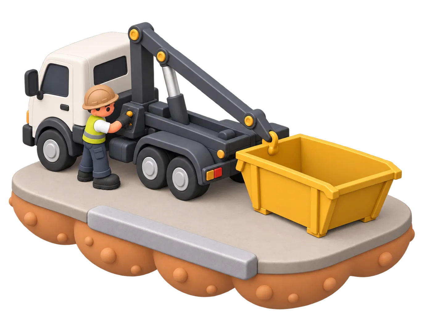 An isometric clay-style diorama of a skip bin hire driver checking a loaded mini skip on a suburban driveway before winching it onto the truck for collection