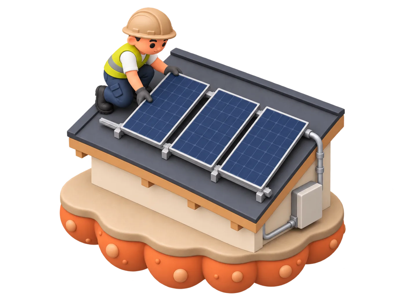 An isometric clay-style diorama of a solar installer securing panel rails to a pitched roof, an accreditation card and an electrical safety certificate laid out on the scaffolding beside a battery unit and cabling running down toward a switchboard