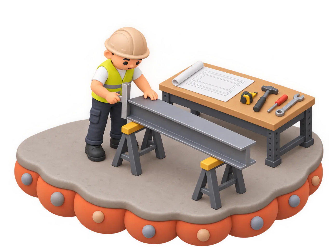 An isometric clay-style diorama of a steel fabricator in a workshop measuring a length of structural steel beam against a shop drawing with calipers, sparks arcing from a welding station nearby and cut steel offcuts stacked beside a half-built portal frame section